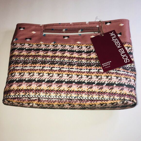 Sonia Kashuk Womens Pink Zippered Cosmetic Bag Modern Pouch Pink Houndstooth - Picture 3 of 5